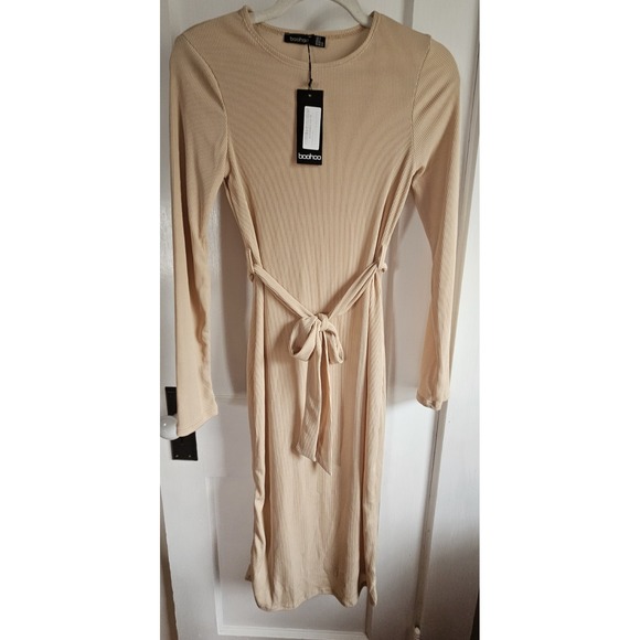 BOOHOO BASIC Maternity rib-knit‎ tie waist midi dress woman Sz 4 beige - Picture 1 of 6